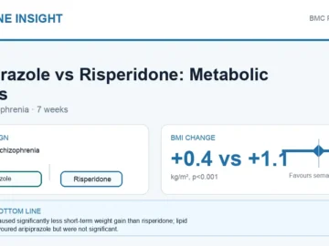 Hormone Insight visual abstract summarising metabolic effects of aripiprazole versus risperidone in schizophrenia.