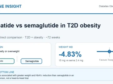 Hormone Insight visual abstract summarising tirzepatide versus semaglutide in type 2 diabetes with obesity.